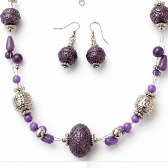 Unbranded Jewelry - Beaded Jewelry Set Purple Boho Carved Resin Multi Strand Necklace Drop Earrings
